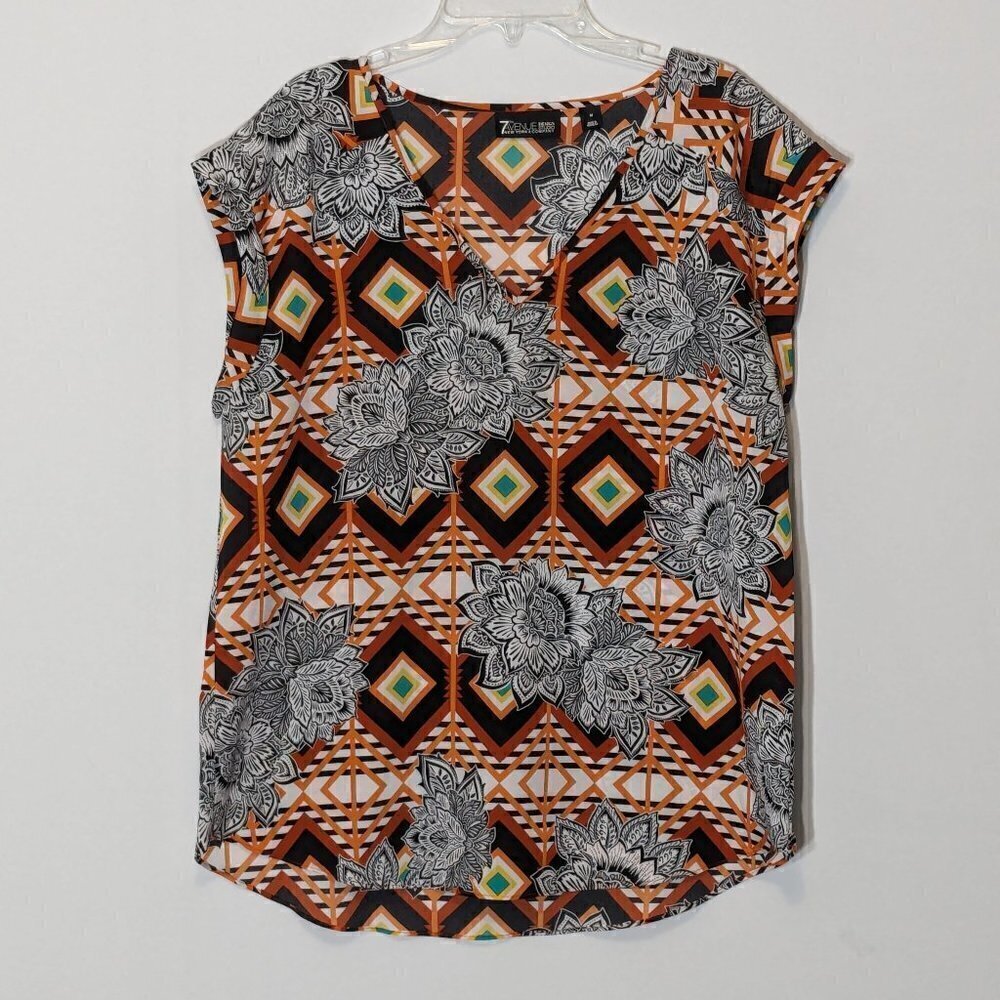 Women's 7th AVENUE DESIGN STUDIO, Orange Aztec Print Sleeveless Tunic Top Size M